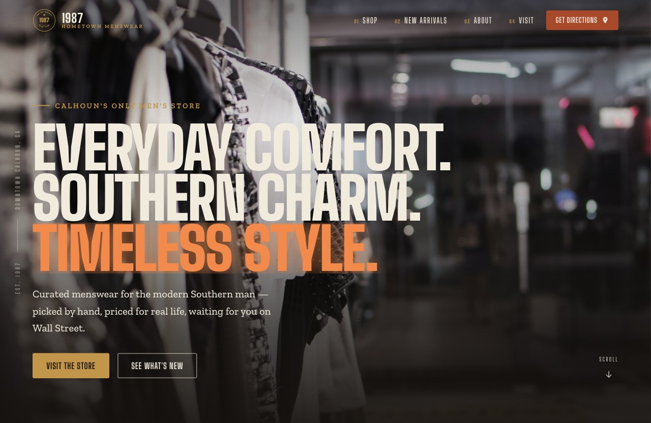 Homepage of 1987 Hometown Menswear, a retail clothing store