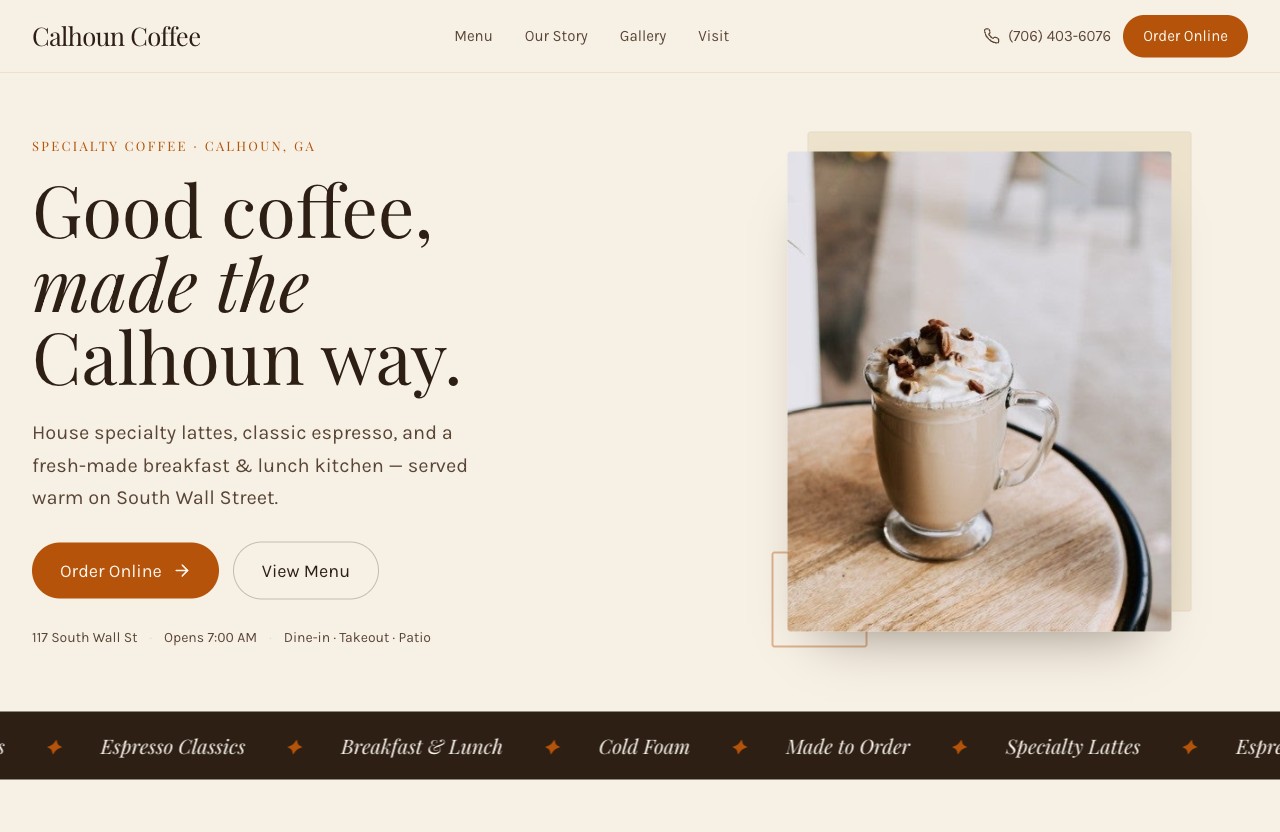 Homepage of Calhoun Coffee, a specialty coffee shop
