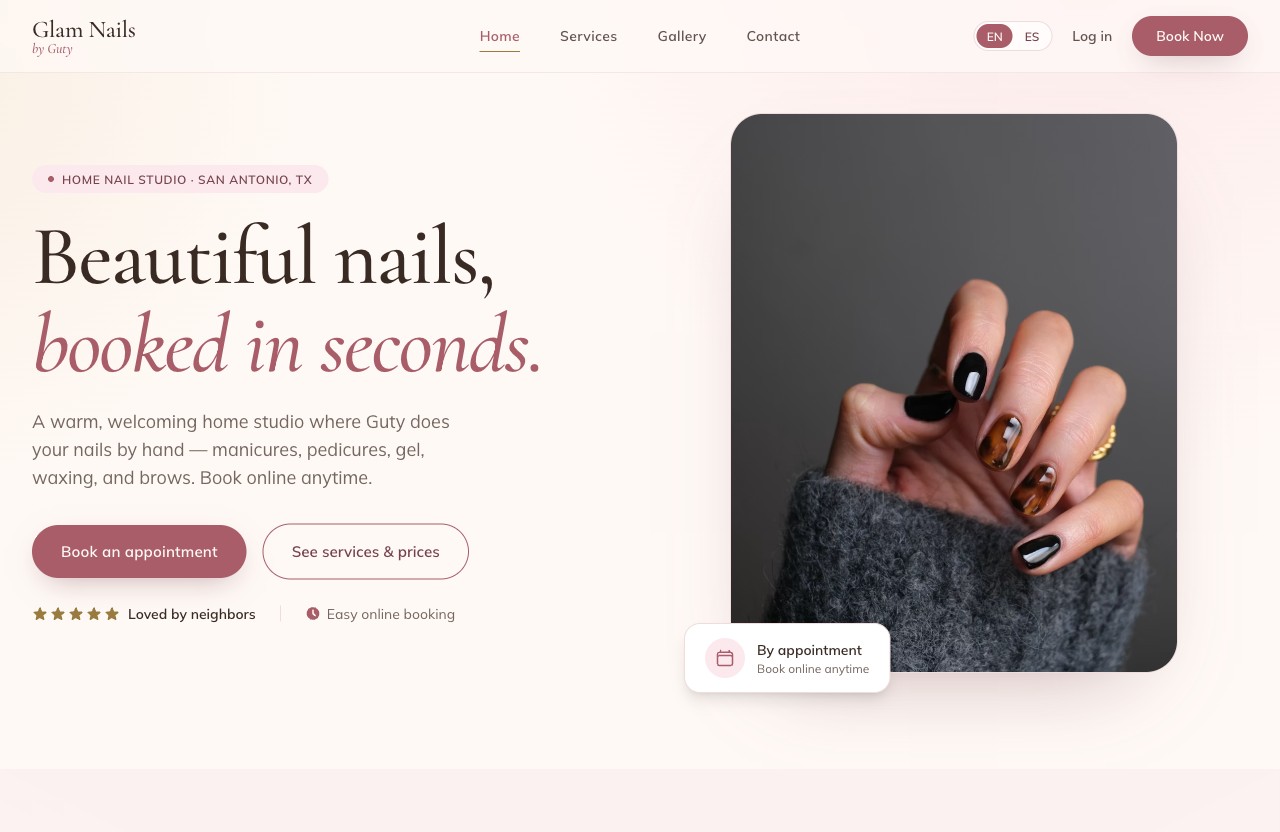 Homepage of Glam Nails by Guty, a San Antonio nail salon
