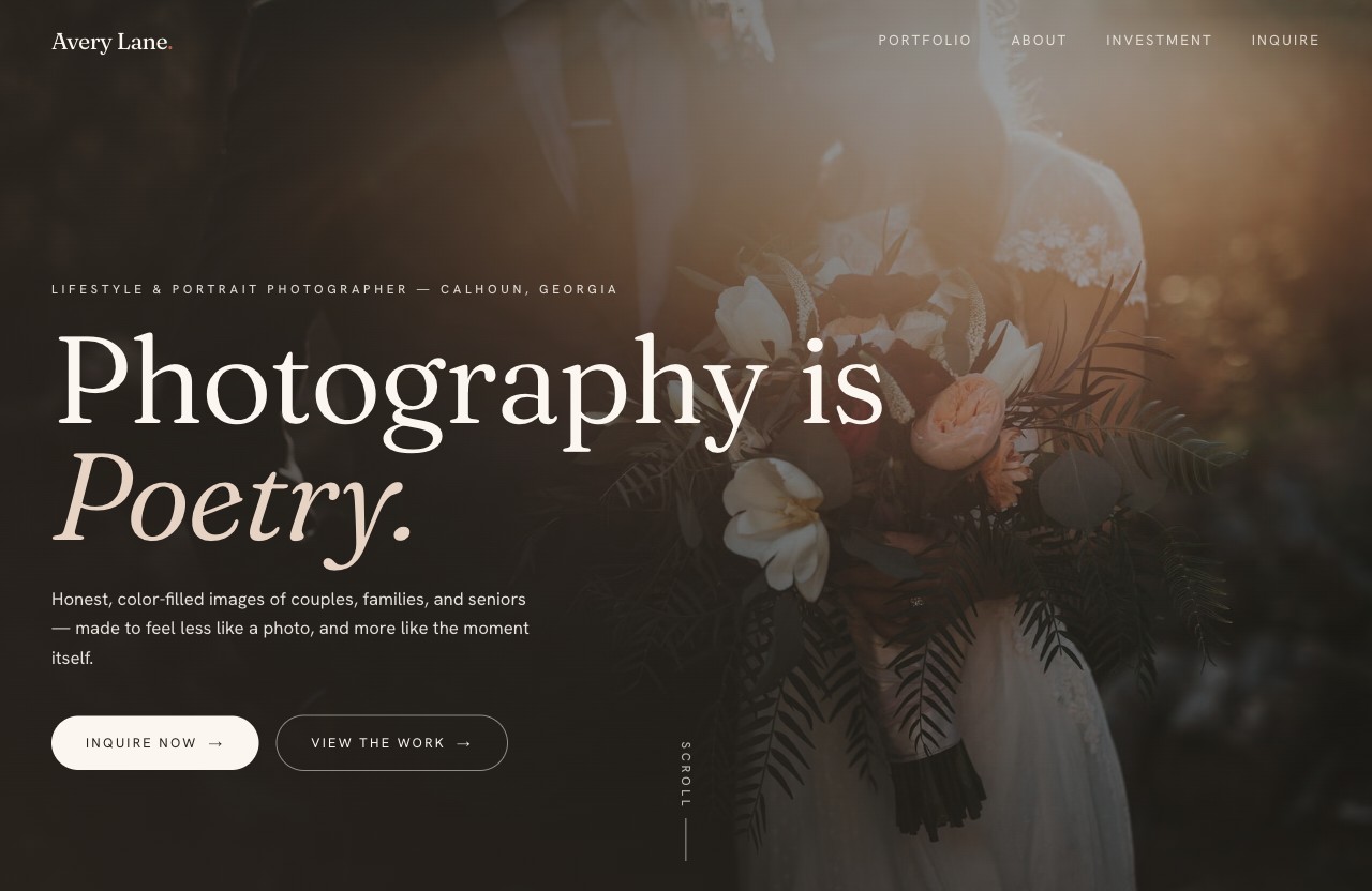 Homepage of Avery Lane, a portrait and wedding photographer
