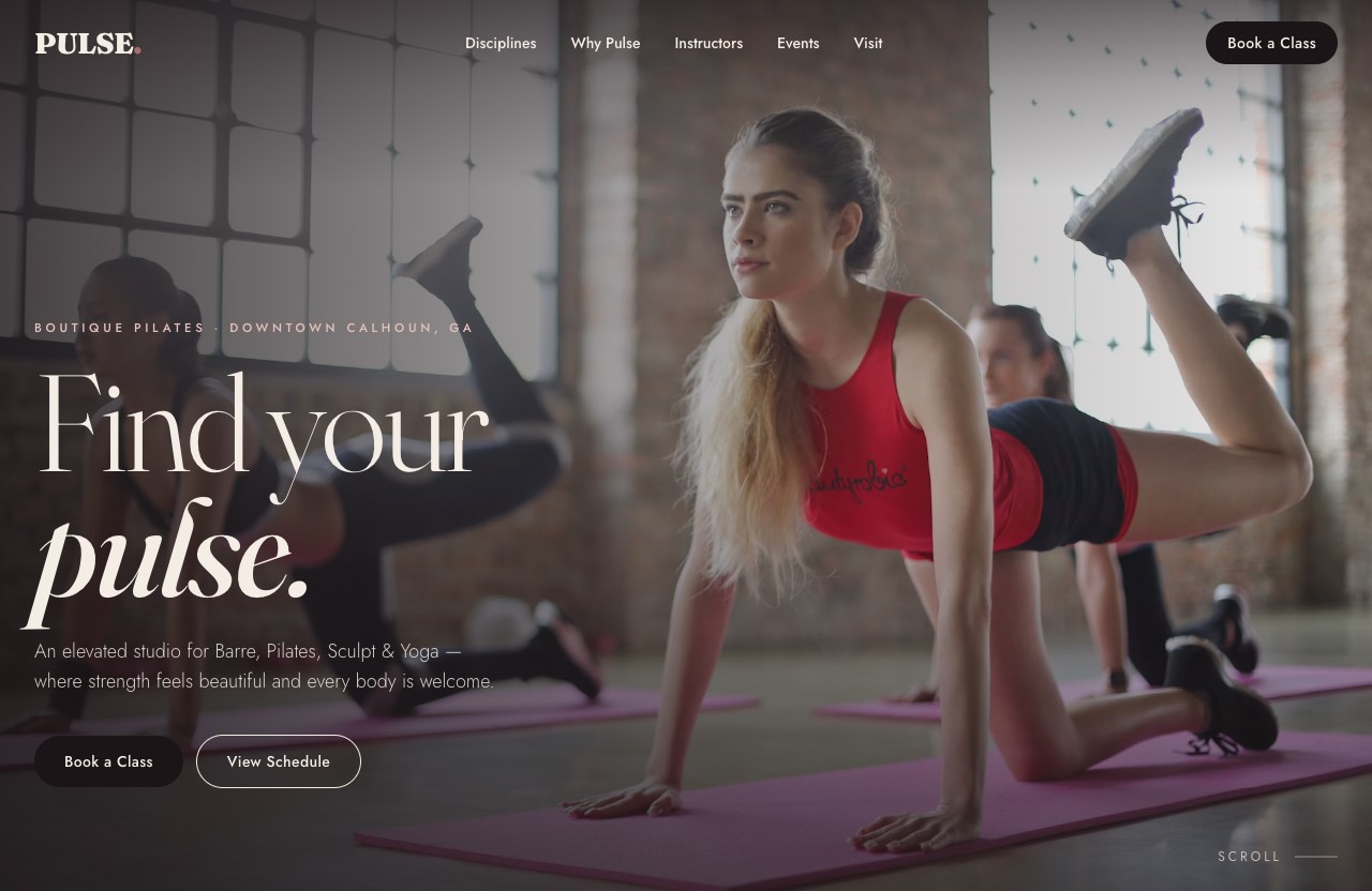 Homepage of PULSE Pilates Club, a boutique fitness studio